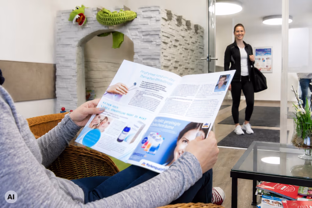 Ein Kunde im Wartebereich mit einer Zeitschrift in der Hand